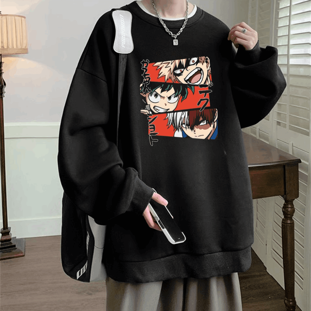 Anime Harajuku My Hero Academia Baskılı Siyah Unisex Oversize Bisiklet Yaka Sweatshirt