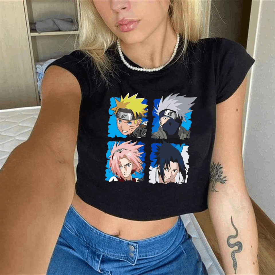 Anime Naruto Baskılı Siyah Crop