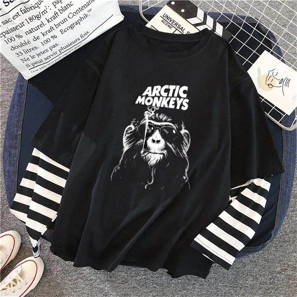 Arctic Monkey's Baskılı Fake Sleeves Unisex Siyah T-shirt