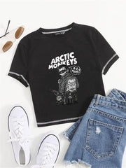 Arctic Monkeys 'R U Mine' Baskılı Ters Dikiş Siyah Crop