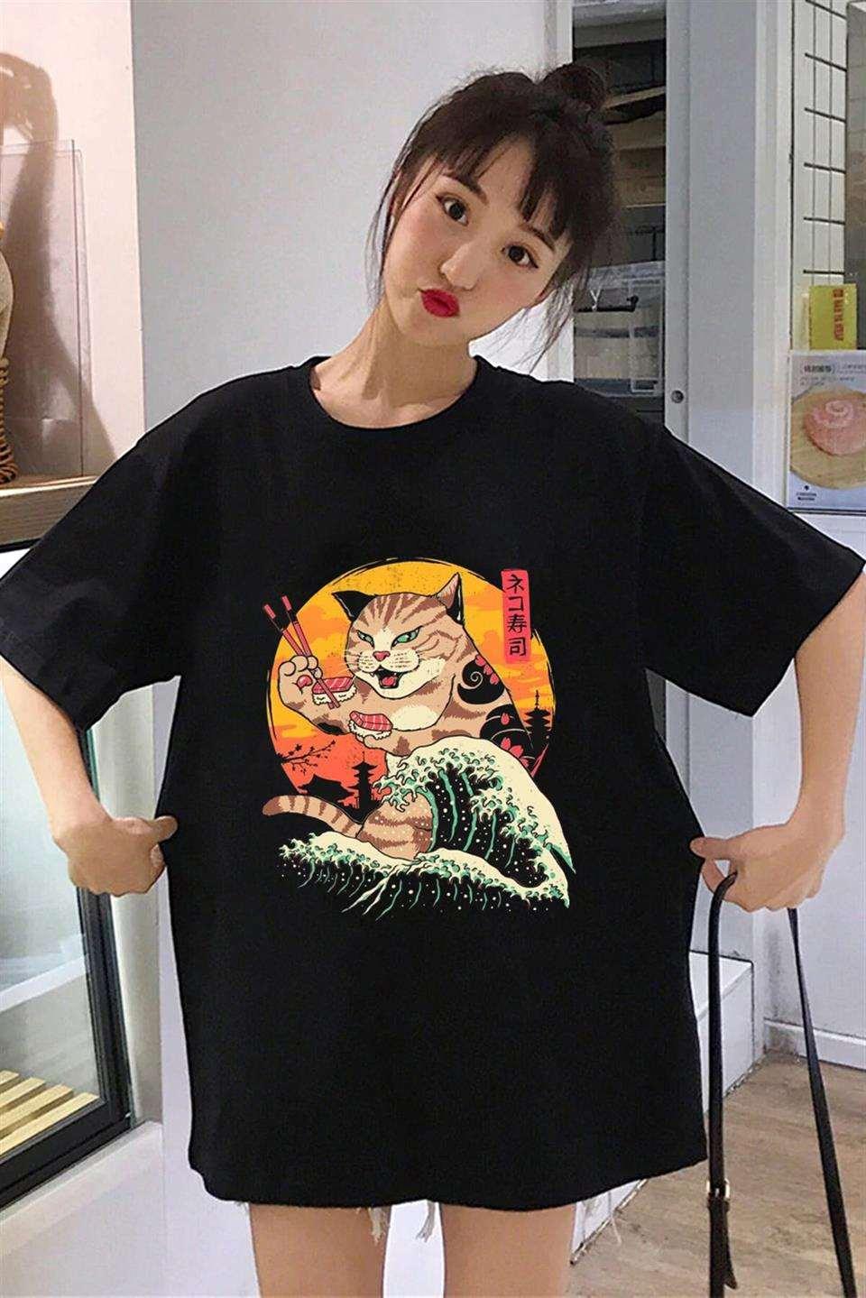 Artist Cat Baskılı Siyah Unisex Oversize T-shirt