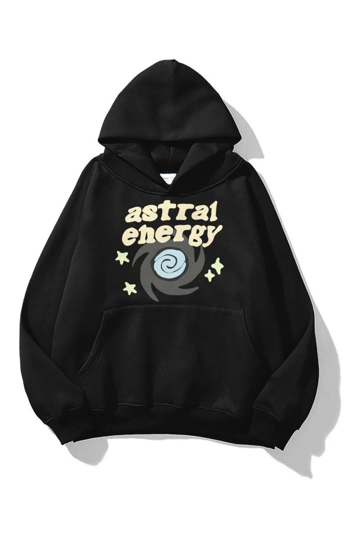 Astral Energy Baskılı Siyah Kapşonlu Sweatshirt