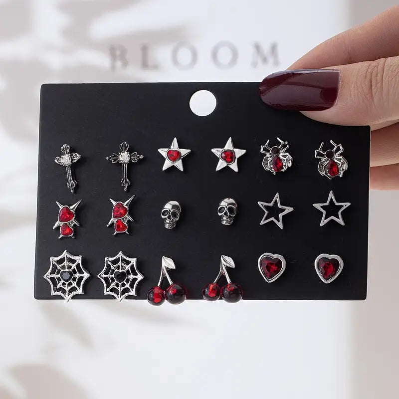 9 Çift Gothic Red Küpe Seti