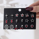 9 Çift Gothic Red Küpe Seti