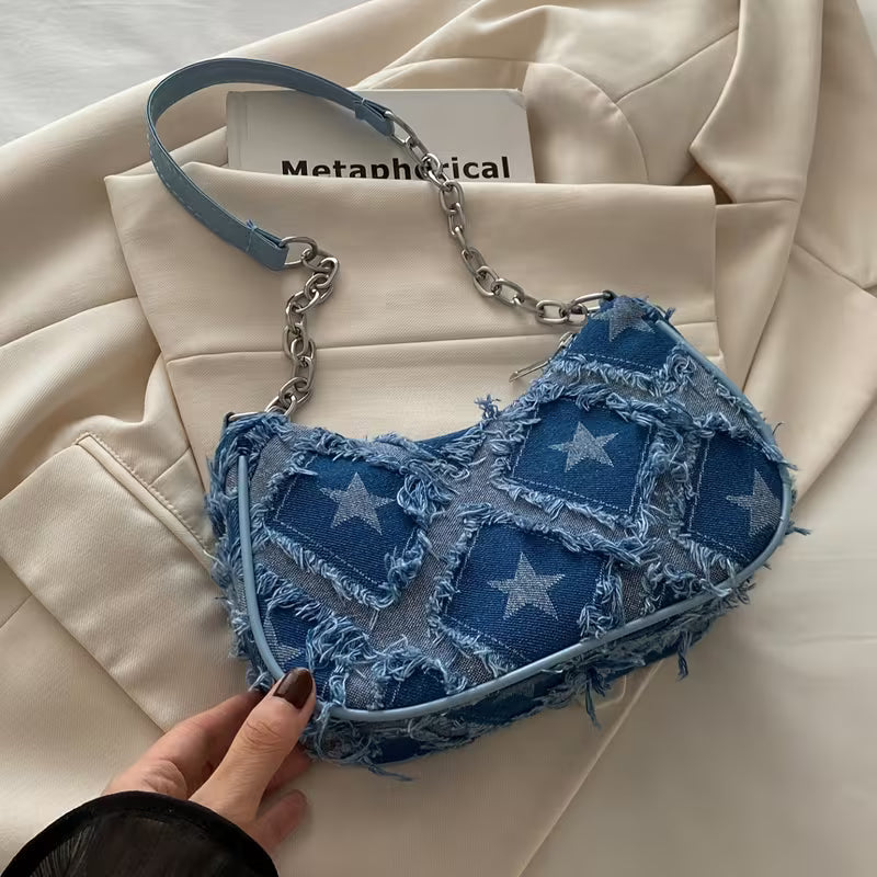 Tek Omuz Çantası, Şık Zincirli Çapraz Çanta, Çok Yönlü Günlük Küçük Denim Çanta