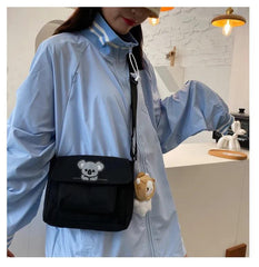 Baby Koala Baskılı Cep Detaylı Unisex Kanvas Siyah Omuz Çantası