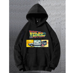 Back To The Future Baskılı Siyah Kapşonlu Sweatshirt