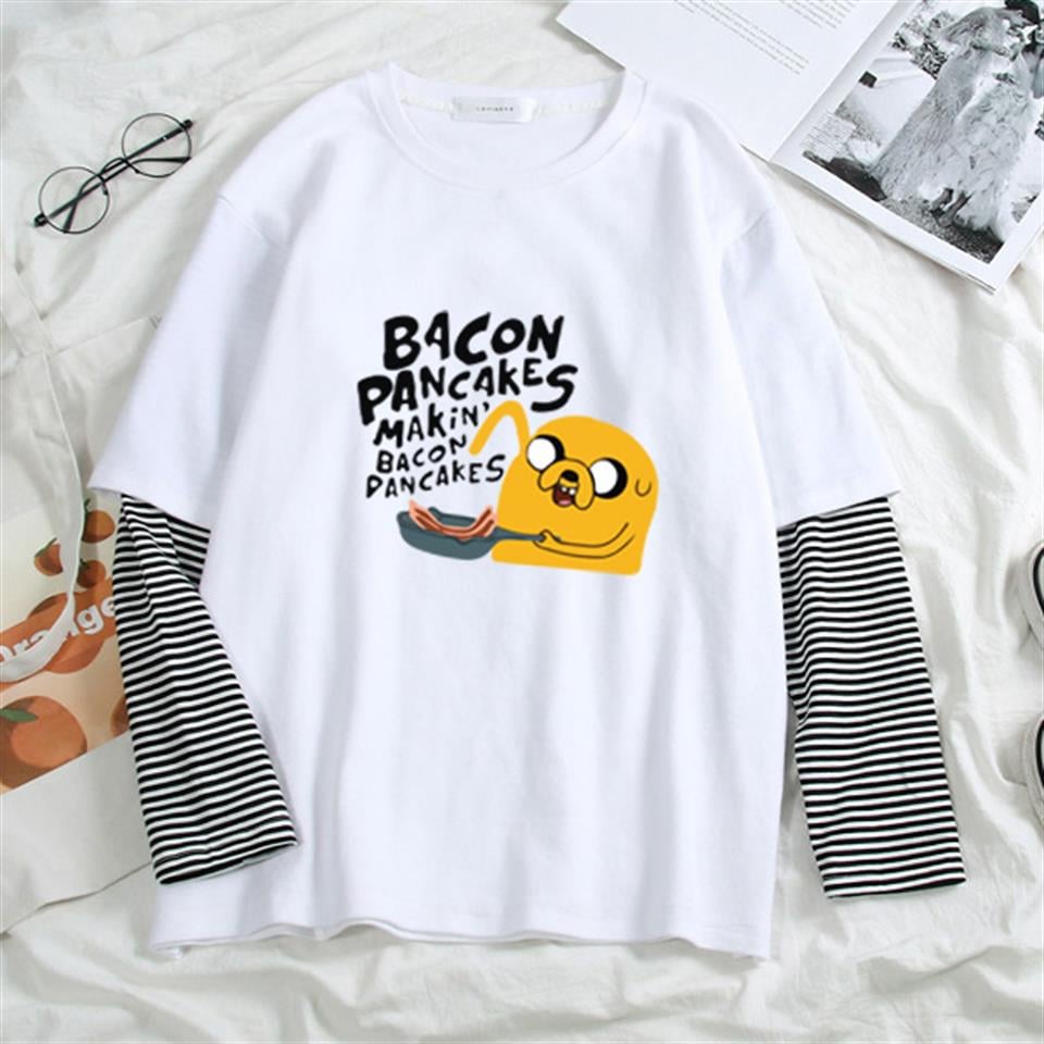 Bacon Pancakes Baskılı Fake Sleeves Unisex Beyaz T-shirt