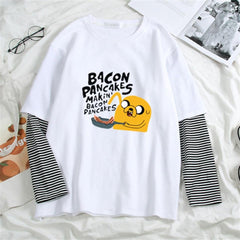 Bacon Pancakes Baskılı Fake Sleeves Unisex Beyaz T-shirt