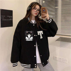 Bad Cattitude Baskılı Unisex Oversize Siyah Kolej Ceket