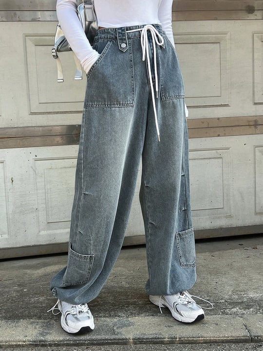 Bağcıklı Bel Geniş Paça Bol Kot Pantolon