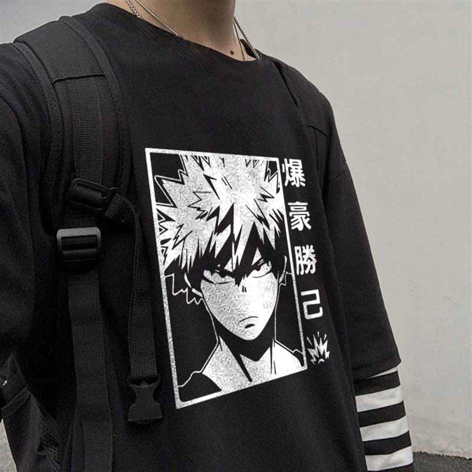 Bakugo Baskılı Fake Sleeves Unisex Siyah T-shirt