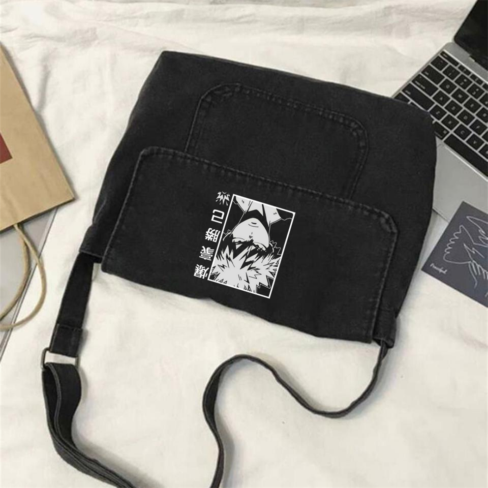 Bakugou Baskılı Vintage Unisex Gri Kot Postacı Çantası