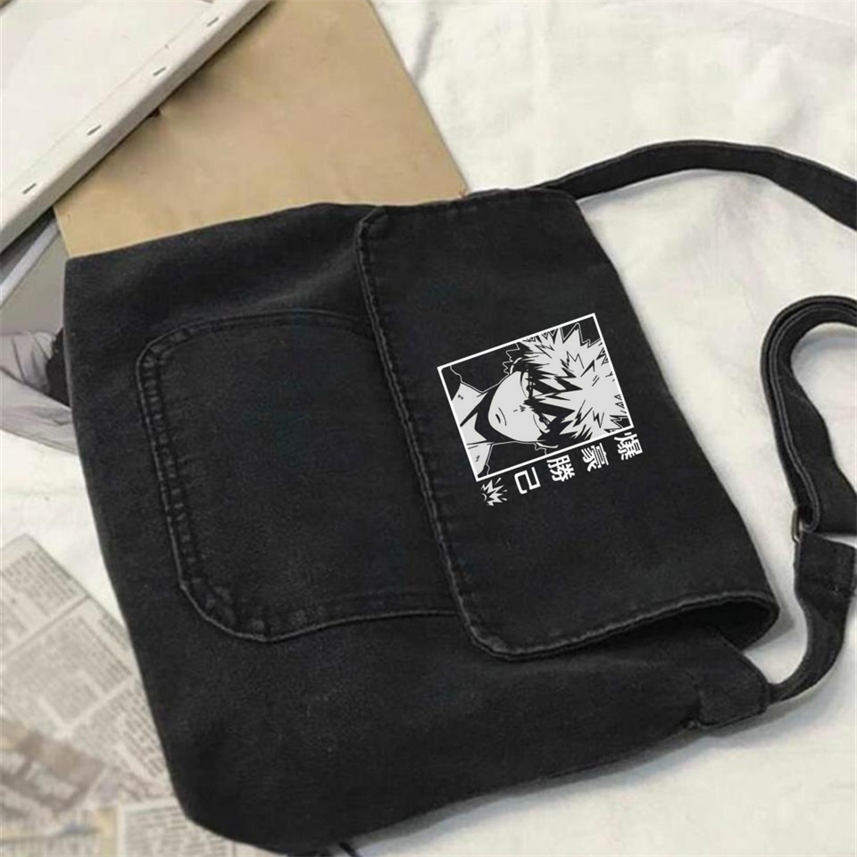 Bakugou Baskılı Vintage Unisex Gri Kot Postacı Çantası