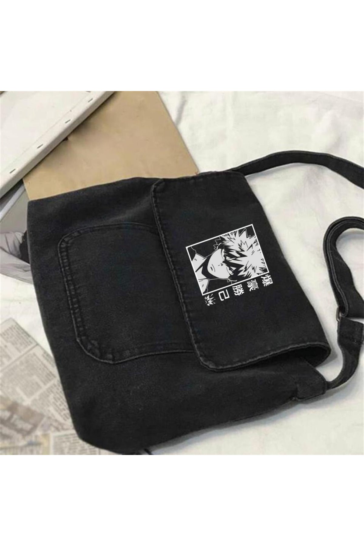 Bakugou Baskılı Vintage Unisex Gri Kot Postacı Çantası
