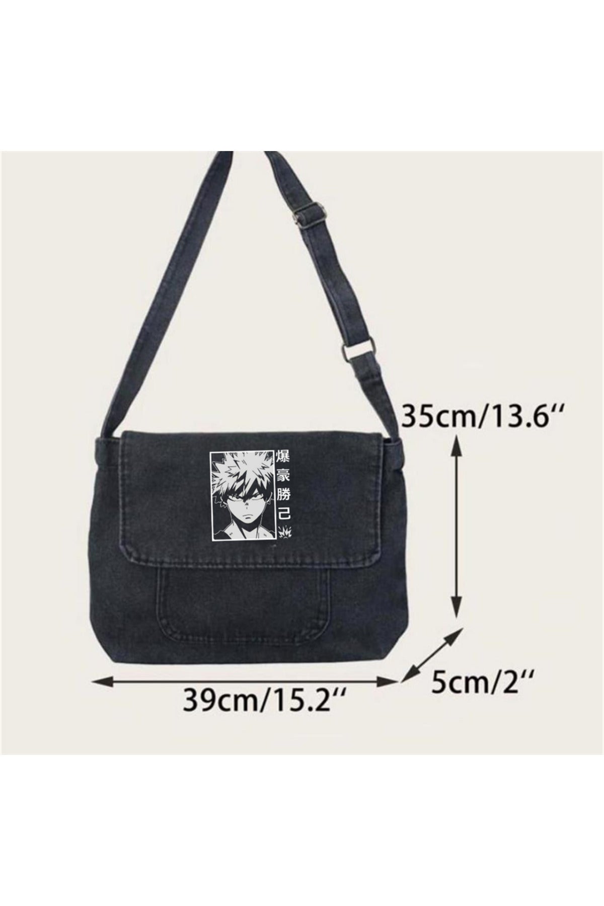 Bakugou Baskılı Vintage Unisex Gri Kot Postacı Çantası