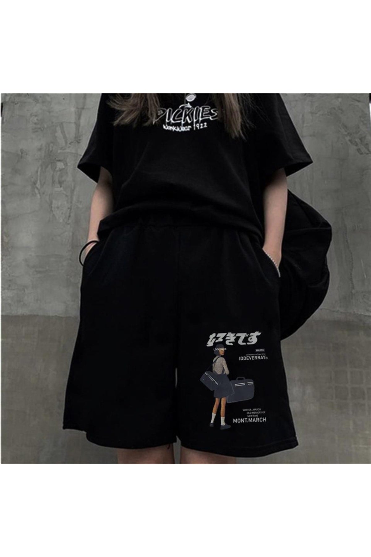 Baskılı Siyah Unisex Penye Şort