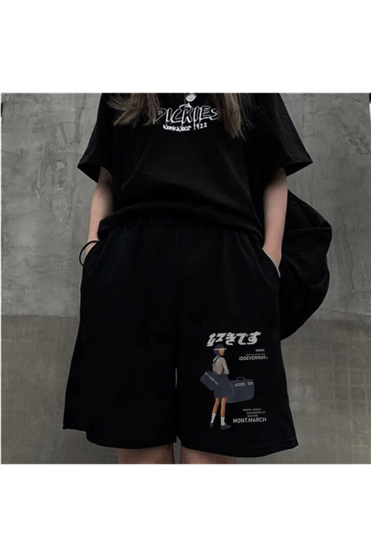 Baskılı Siyah Unisex Penye Şort