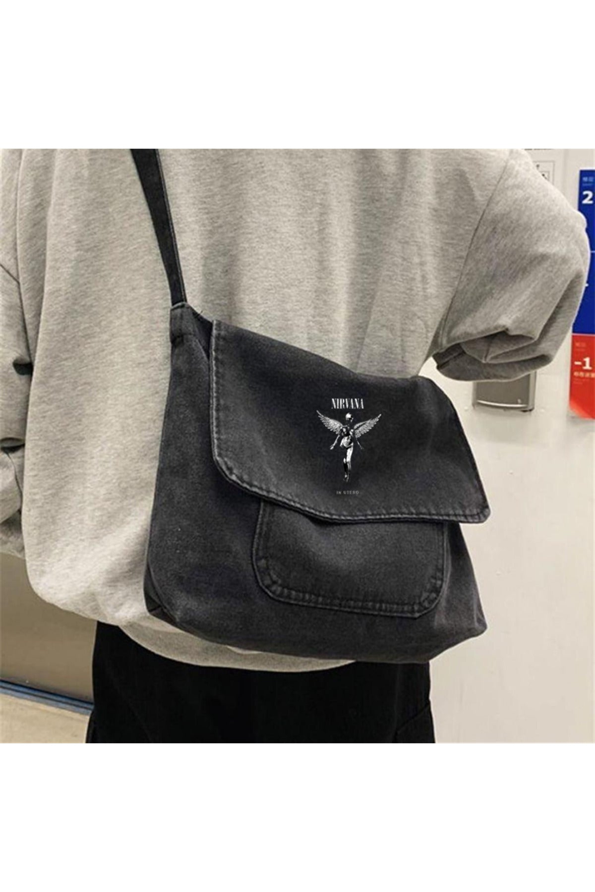 Baskılı Vintage Unisex Gri Kot Postacı Çantası