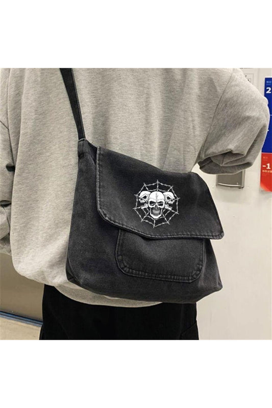 Baskılı Vintage Unisex Gri Kot Postacı Çantası