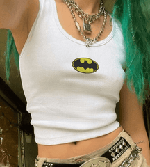 Batman Nakışlı Beyaz Halter Yaka Kaşkorse Crop Top