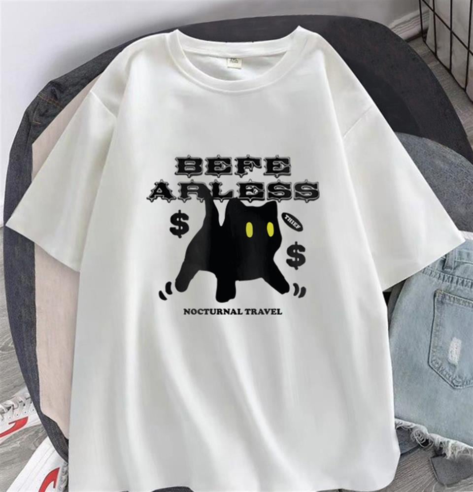 Be Fearless Cat Baskılı Beyaz Unisex Oversize T-shirt