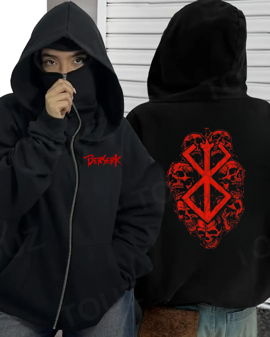Berserk Maske Detaylı Oversize Fermuarlı Siyah Unisex Kapüşonlu Hırka