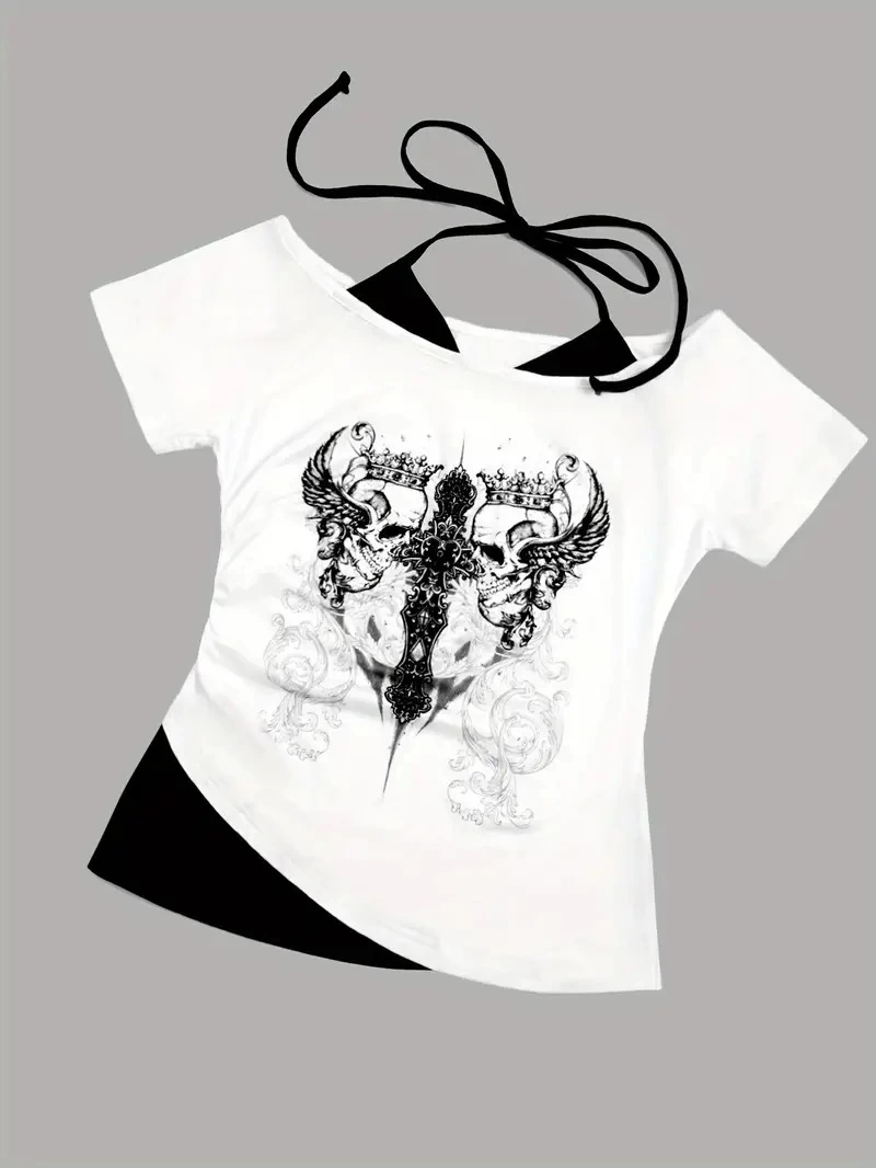 Beyaz Gothic Angel Yaka Ek Askılı Kısa Kollu Full Body Crop