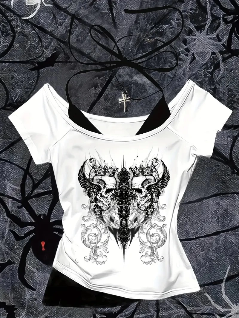 Beyaz Gothic Angel Yaka Ek Askılı Kısa Kollu Full Body Crop