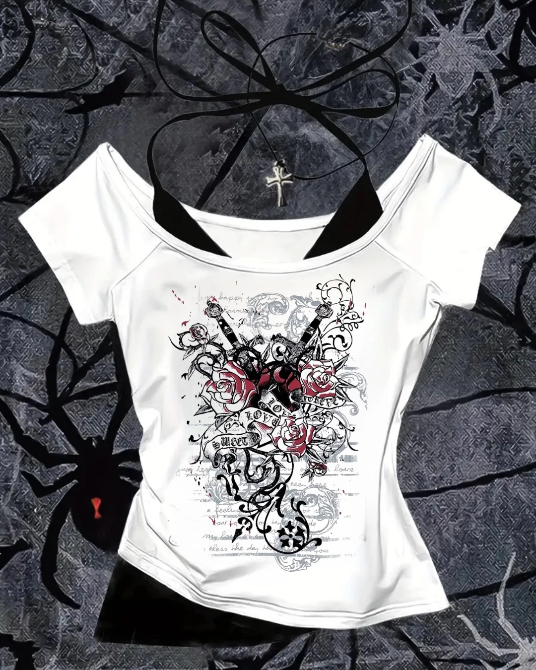 Beyaz Gothic Angel Yaka Ek Askılı Kısa Kollu Full Body Crop (Kopya)