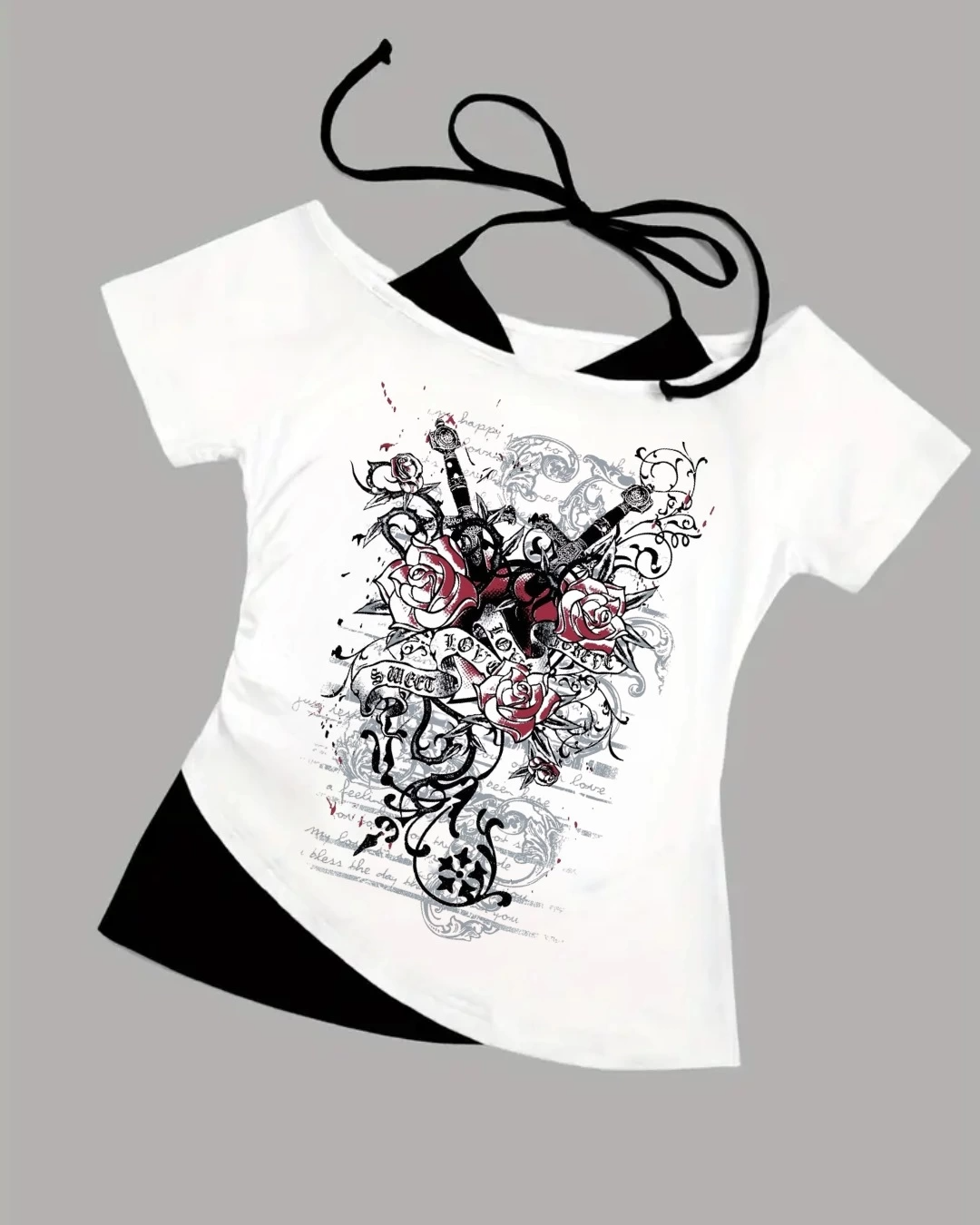 Beyaz Gothic Angel Yaka Ek Askılı Kısa Kollu Full Body Crop (Kopya)