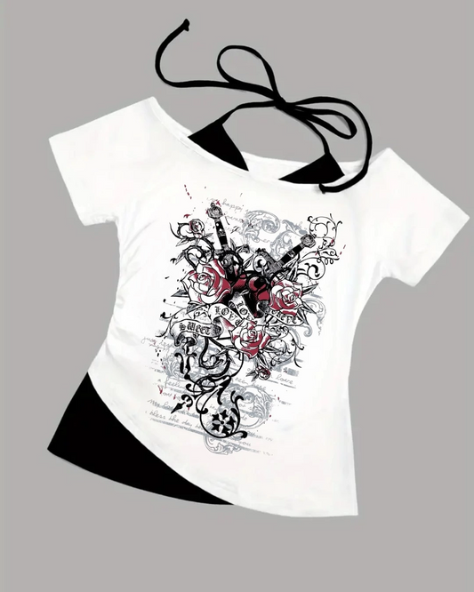 Beyaz Gothic Angel Yaka Ek Askılı Kısa Kollu Full Body Crop (Kopya)