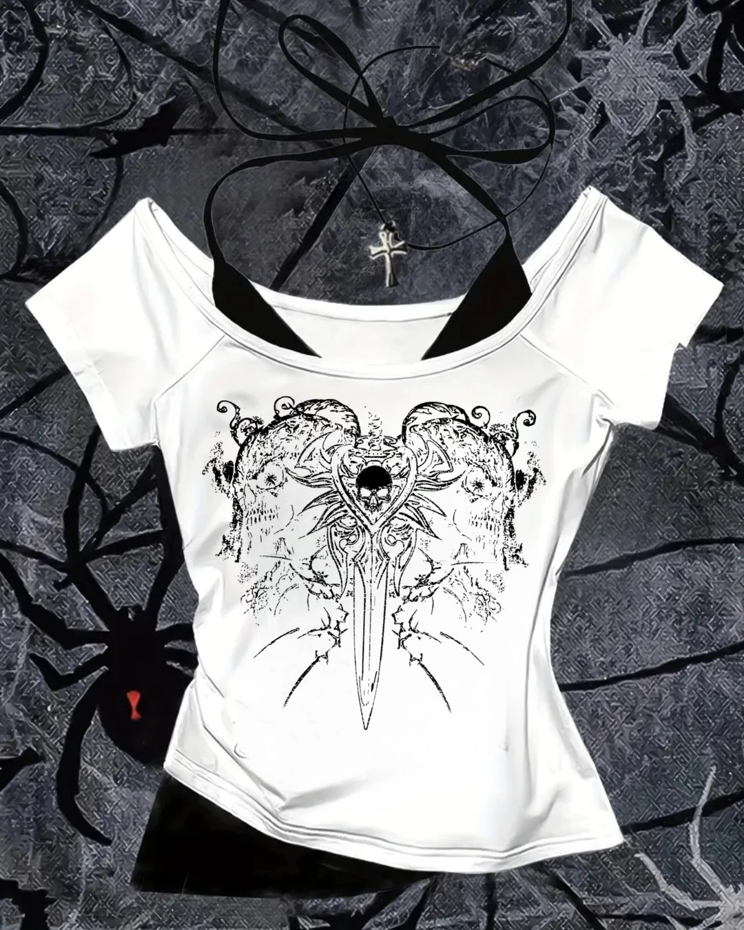 Beyaz Gothic Skeleton Yaka Ek Askılı Kısa Kollu Full Body Crop