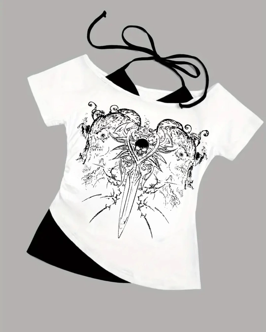 Beyaz Gothic Skeleton Yaka Ek Askılı Kısa Kollu Full Body Crop