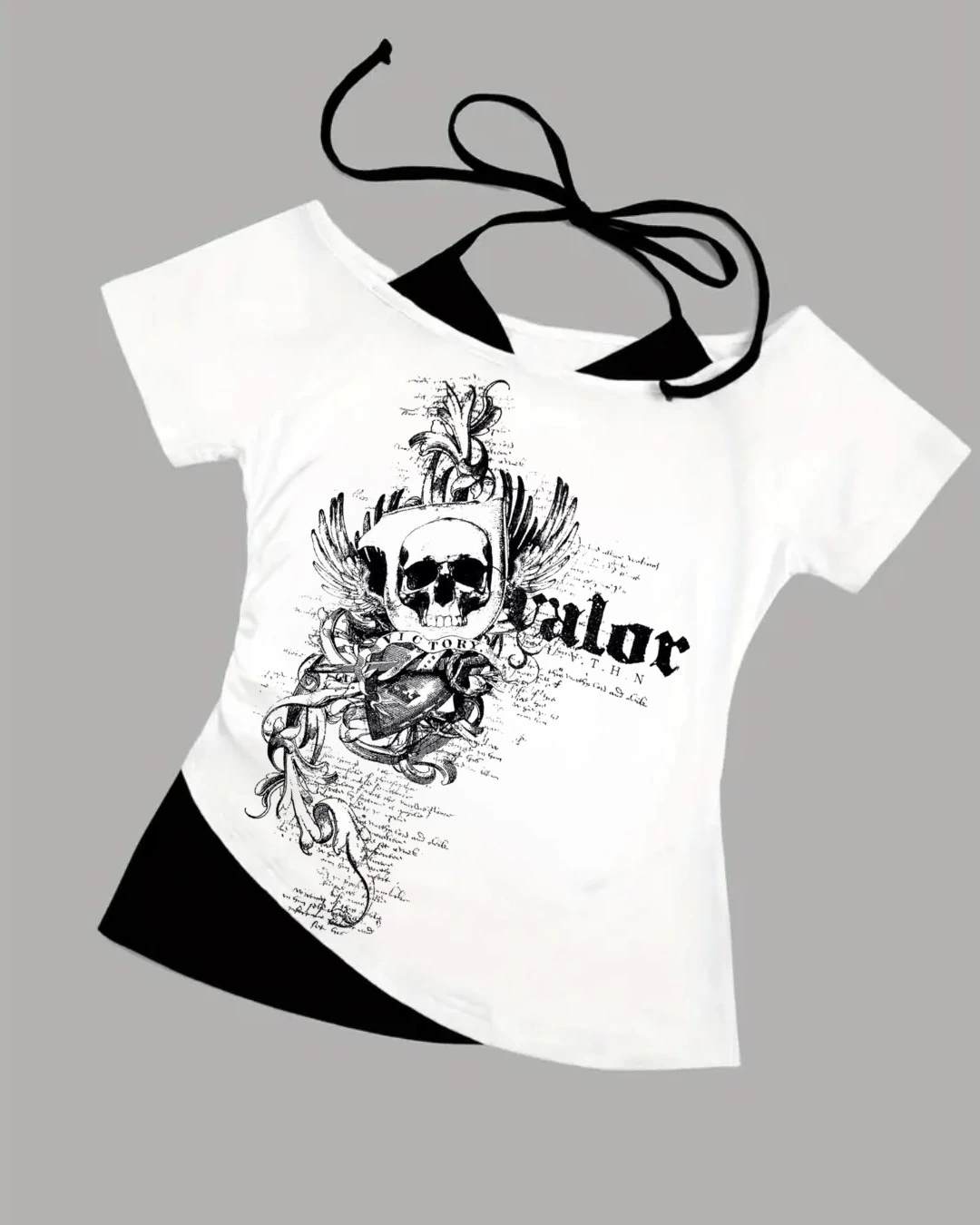 Beyaz Gothic Victory Yaka Ek Askılı Kısa Kollu Full Body Crop