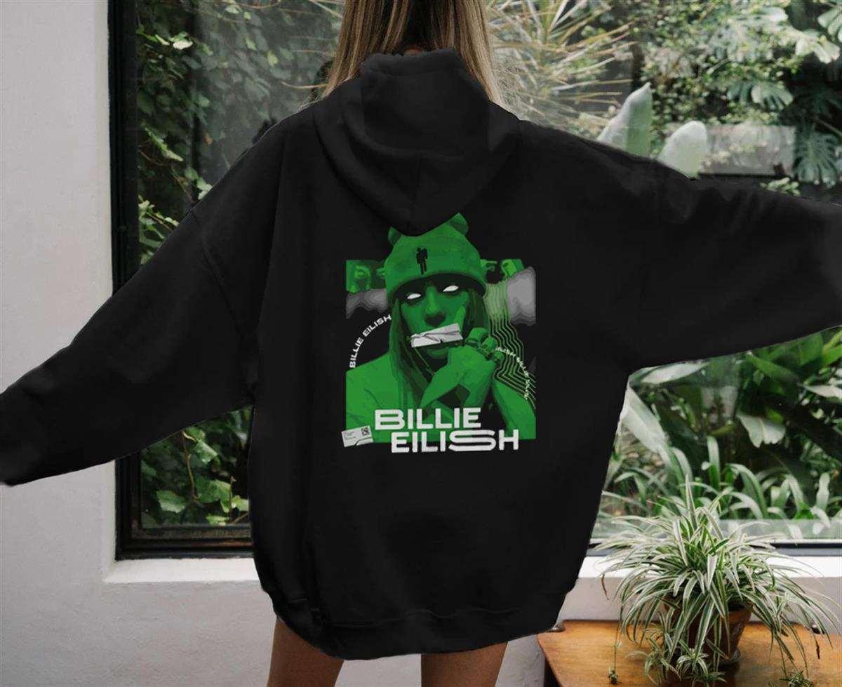 Billie Eilish Baskılı Siyah Unisex Oversize Kapüşonlu Sweatshirt