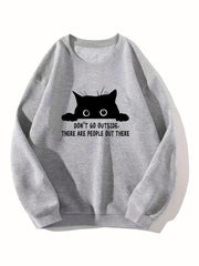 Black Cat Baskılı Gri Unisex Oversize Bisiklet Yaka Sweatshirt