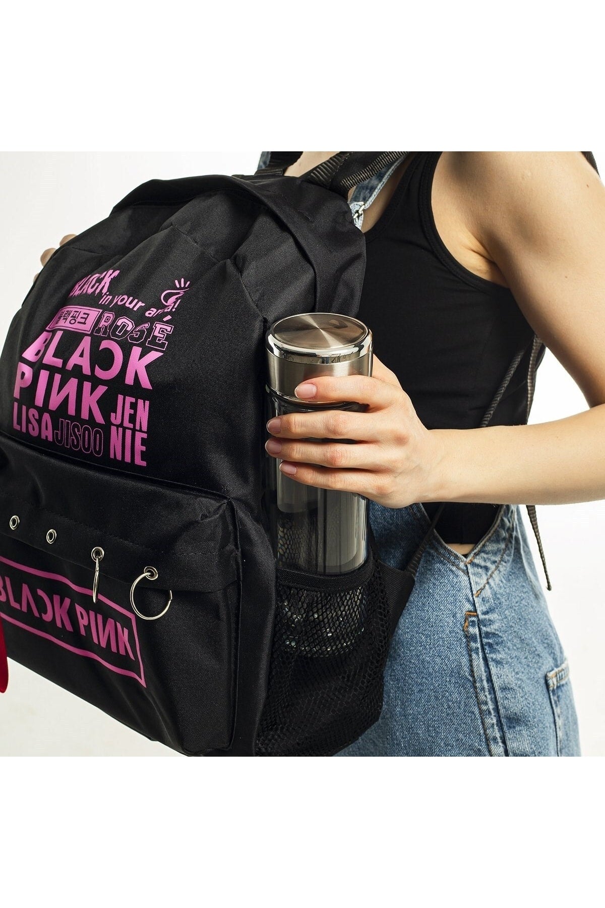Black Pink Baskılı Çok Kullanılışlı Laptop Sırt Çantası Piersingli