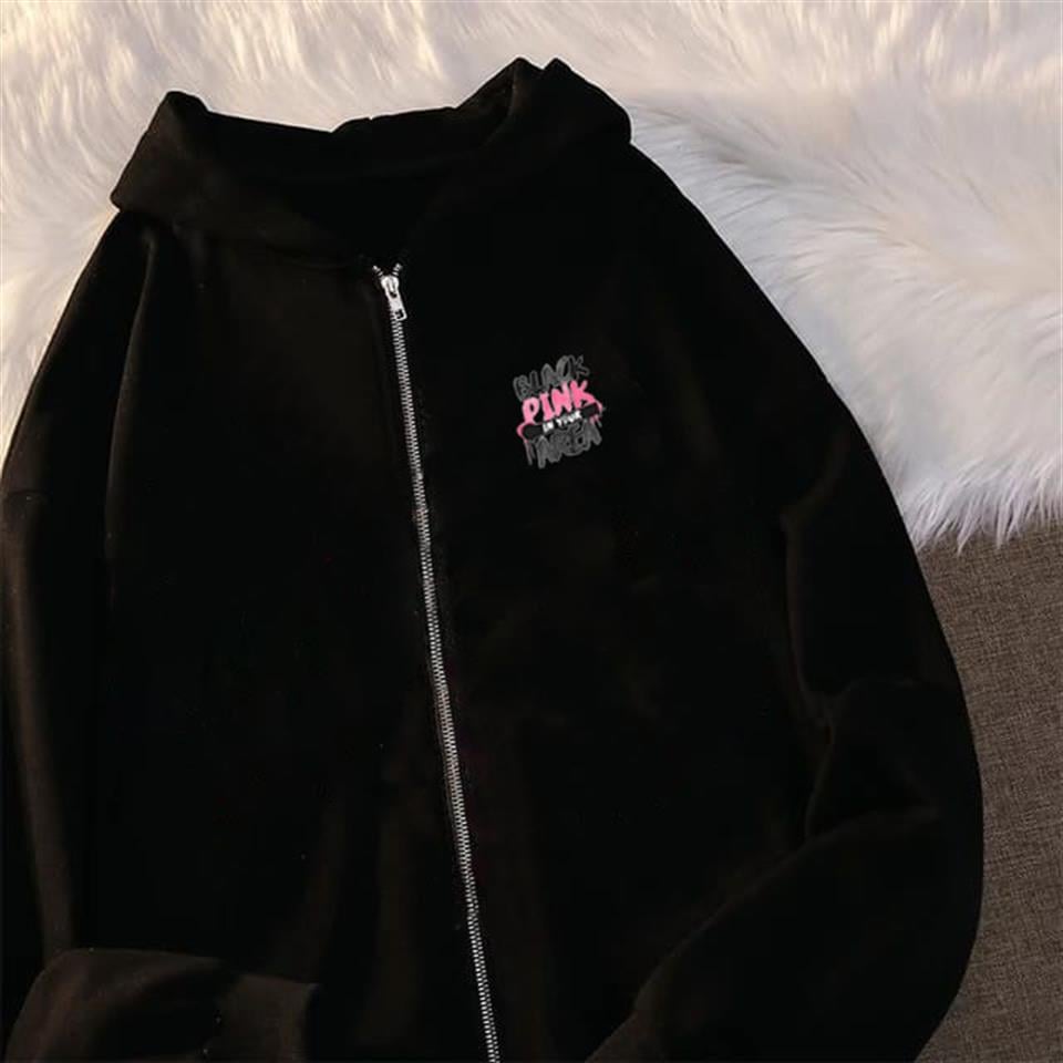 Black Pink Baskılı Oversize Fermuarlı Siyah Unisex Kapüşonlu Hırka