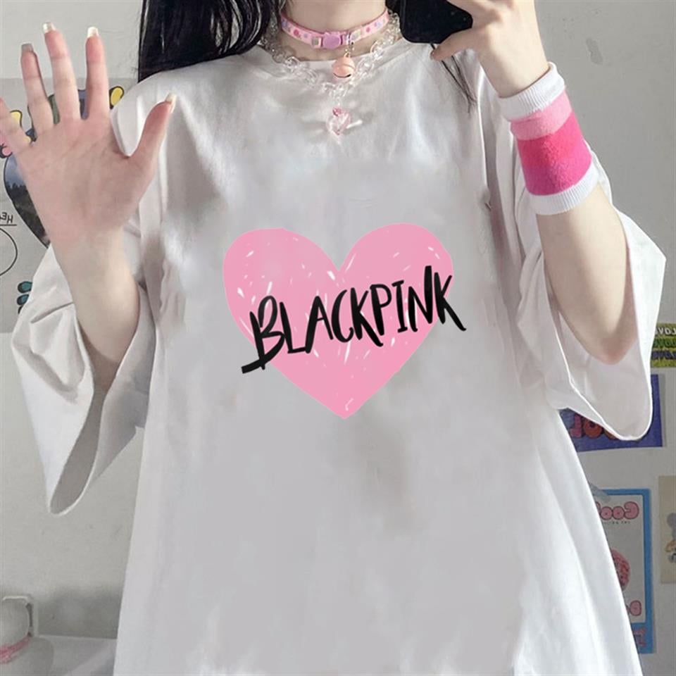 Black Pink Heart Baskılı Beyaz Unisex Oversize T-shirt