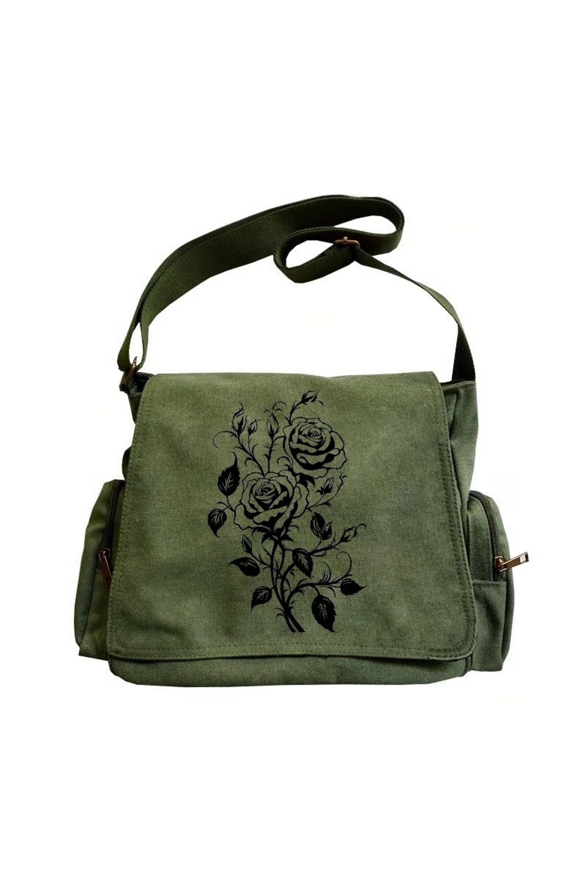 Black Rose Baskılı Unisex Postacı Çantası