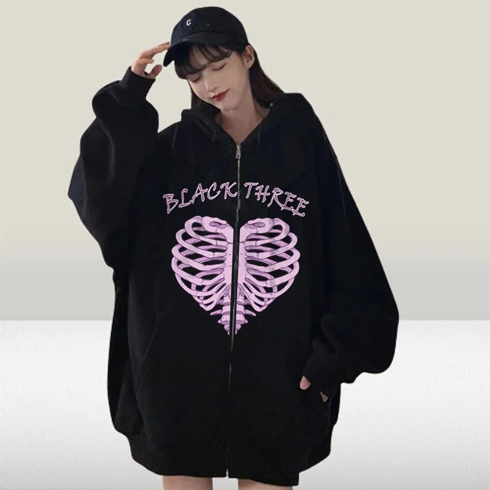 Black Three Cage Heart Baskılı Oversize Fermuarlı Siyah Unisex Kapüşonlu Hırka