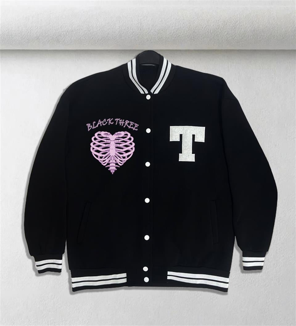 Black Three Heart Rib Baskılı Unisex Oversize Siyah Kolej Ceket