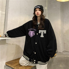 Black Three Heart Rib Baskılı Unisex Oversize Siyah Kolej Ceket