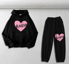 Blackpink Baskılı Siyah Oversize Kapüşonlu Sweatshirt & Eşofman Altı Unisex İkili Takım