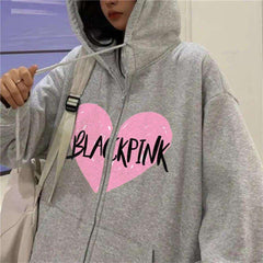 Blackpink Heart Baskılı Oversize Fermuarlı Gri Unisex Kapüşonlu Hırka