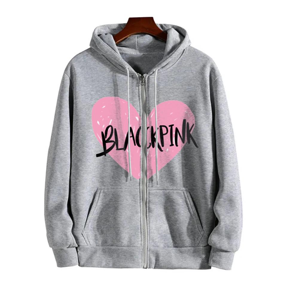 Blackpink Heart Baskılı Oversize Fermuarlı Gri Unisex Kapüşonlu Hırka