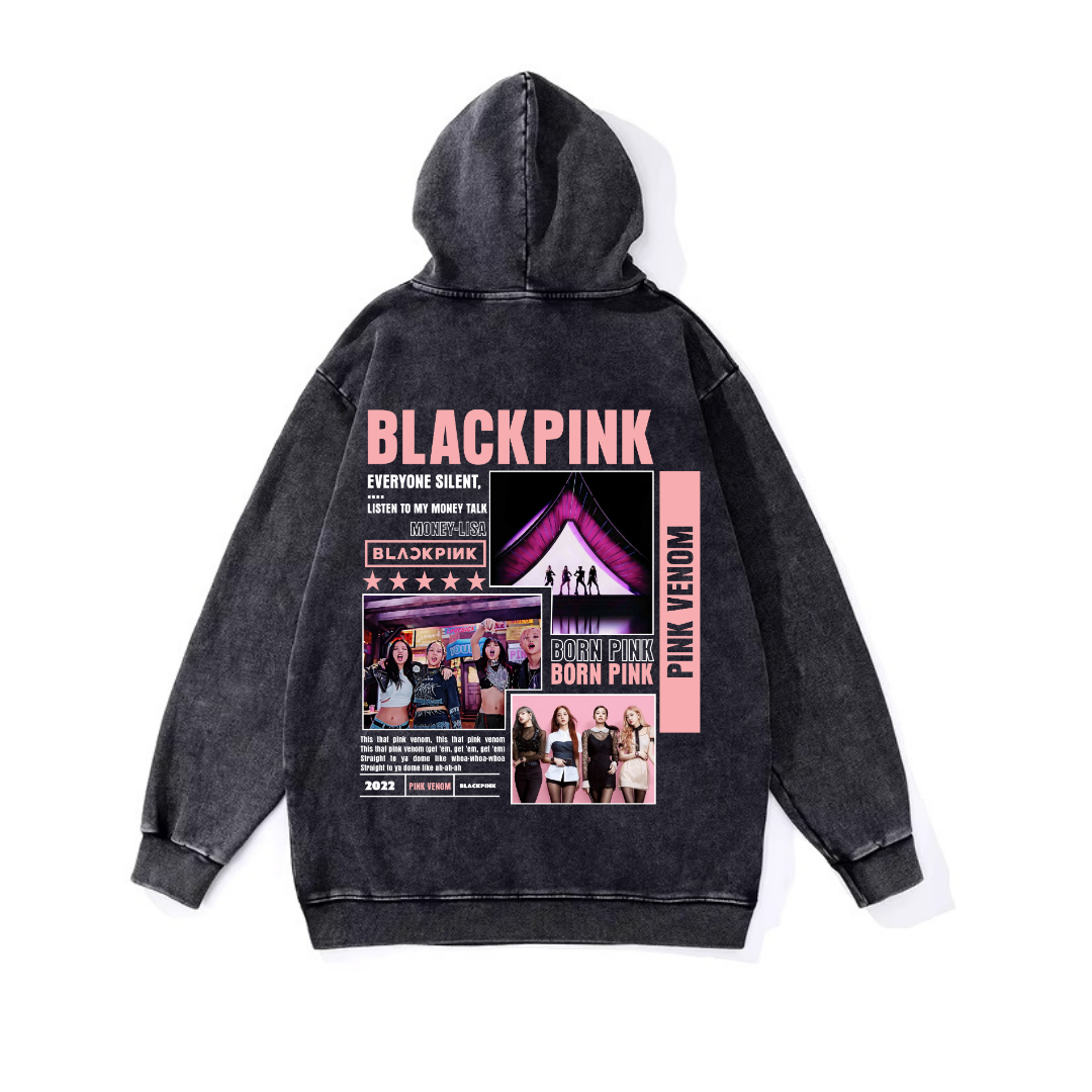 Yıkamalı Black Pink Vintage Kapüşonlu Sweatshirt