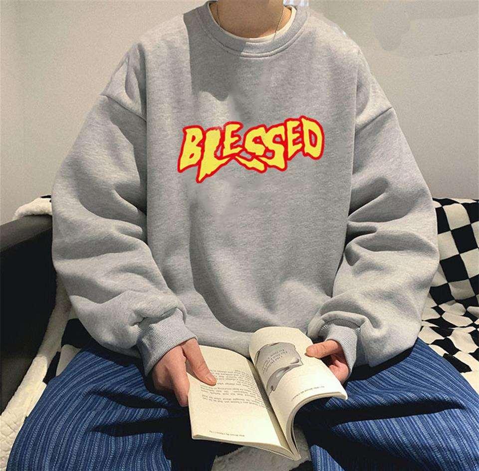 Blessed Baskılı Gri Unisex Oversize Bisiklet Yaka Sweatshirt