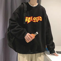 Blessed Baskılı Siyah Unisex Oversize Bisiklet Yaka Sweatshirt